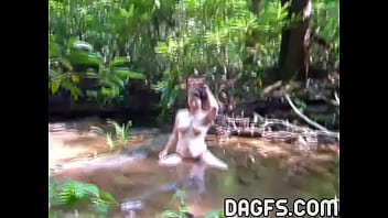 Fatty Lesbian Strumpet Plays In Water Outdoor In The Woods