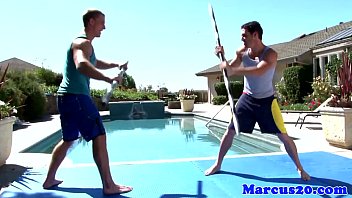 Gay Muscular Jocks Sword Fighting By The Pool
