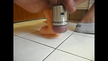 Boy With Heavy Stretched Balls Fucks A Dildo