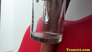 Latina Transsexual Pees After Jerking Off