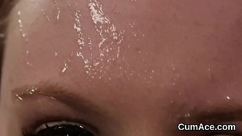Nasty Stunner Gets Cumshot On Her Face Eating All The Jizz