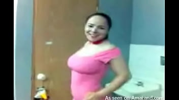 Busty Latina In Pink Strips In The Bathroom