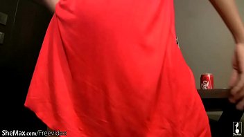 Black Hair Asian Tranny Strips Off Red Dress And Poses Naked