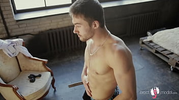 Hot Sexy Bearded Guy Undresses At The Mirror Showing His Young Uncut Cock