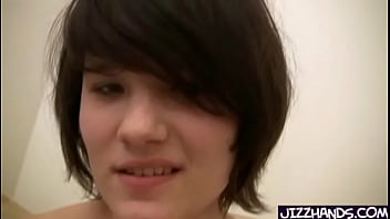 Cute Brunette Handles Cock For Fist Time