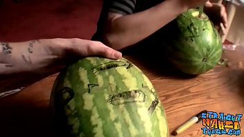 Straight Inked Guys Fuck Watermelons Until Cumming