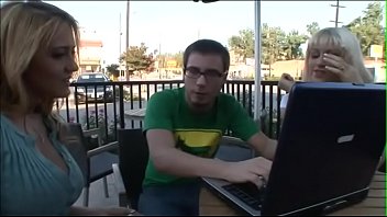 Two Playful Blonde Babes Eve Lawrence Trina Michaels Decided To Get Acquinted With Guy Enjoying His Lunch In The Sidewalk Cafe