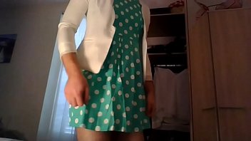 Amateur Cross Dresser In A Cute Polkadots Dress And A Sexy White Blazer Home After Work