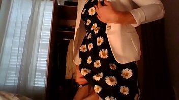 Cross Dresser Back From Office In A Cute Black Flower Dress And Sexy White Blazer Masturbating For You