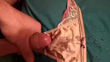 Cum On Her Gold Satin Thong