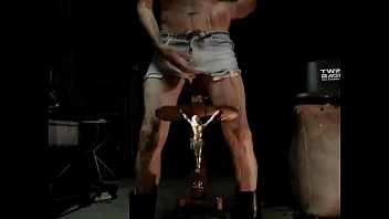 666 Blasphemic Piss All Over Fucking Crucifix In Sexy Used Jeansshort, Black Spandex String And Boots. Smoking