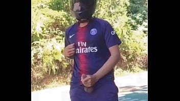 Biker Football Player Uniform Jerking Off Out In Public