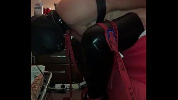 Handcuffed Guy, Orgasm, Wearing Boots, Nipple Clamps And Rubber Hood