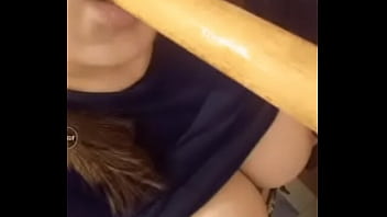 Slutty Teen Sucks A Wooden Dildo For Fun