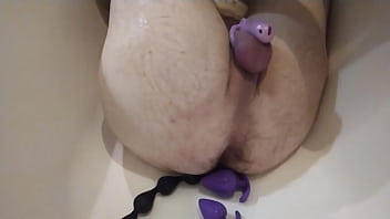 Big Hairy Ass, Plugs, Dildo, Caged Cumshot Without Hands