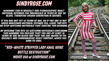 Red-white Stripped Lady Anal Wine Bottle Destruction
