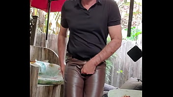 Brown Leather Pants Man Masturbating 299
