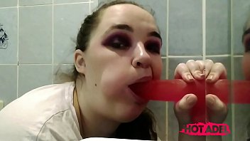 Bbw Stepsister When Alone At Home Sucks And Jerks Off ' Dildo In The Bathroom