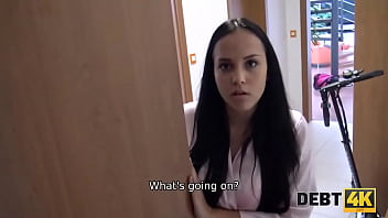 Debt4k. Lovely Dark-haired Girl Tastes Boner Of Debt Collector