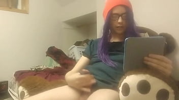 Trans Girl Masturbates While Reading - Big Cumshot