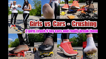 2 Girls Crushes Crush 9 Toy Cars And Really Break Them, Kicked, Trampled, Crushed, Smashed, Crushed, Broken Plastic C...