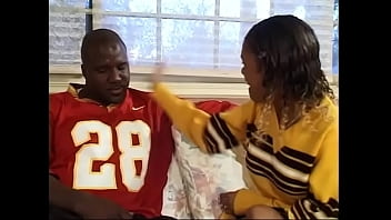 Two Stars Of National Collegiate Athletic Association Invite Ebony Cheerleader With Perfect Body And Big Knockers Caramel To Blow Off Some Steam