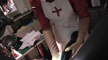 Rubbernurse Agnes - Clinic Red Nurse Dress, White Apron, Black Fellatio Mask, Part 2: Handjob, Deep Ass Dildo Pegging, Cum