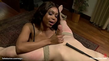 Ebony Ts Fucks Tied Man In Mouth