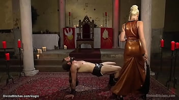 Femdom In Latex Golden Dress Pegging