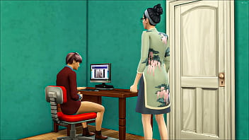 Asian Stepmom Catches Her Stepson Again Masturbating In His Room Watching A Porn Movie In Front Of The Computer And She Decided To Help Him By Having Sex With Him