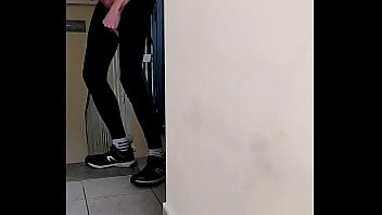 Young Guy In Lycra Leggings Jerks Off In A Corridor