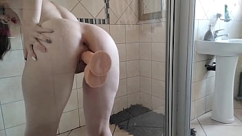 Inked Up Whore Masturbating By Riding A Suction Dildo Stuck To The See Through Shower Door |close Ups