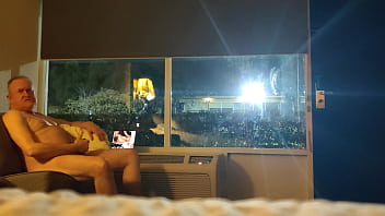 Old Fag Masturbates Motel Room Window Risky Public With Cum Shot