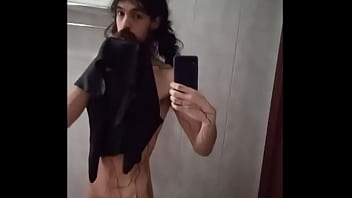 Very Long Bearded Femenine Boy Teasing Cock On Mirror