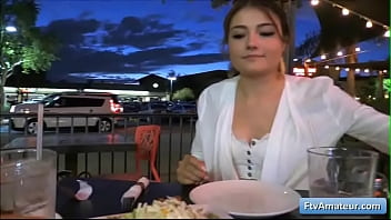 Lovely Teen Brunette Adria Having A Beverage In The Evening Outdoors And Talks About Sex