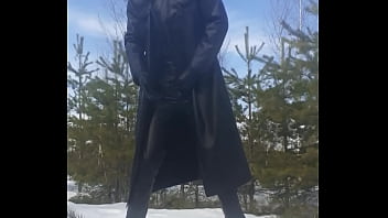 Leather Guy Jerking In The Forest