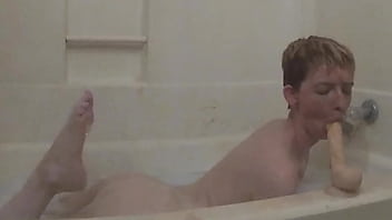 Cock Hungry Slut Sucks And Fucks Her Dildo In The Bath. She Licks It Clean Of Her Pussy Juices