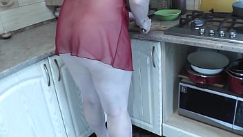 Milf Frina Continues Naked Cooking. Todays Menu Is Chicken. Sexy Milf In Kitchen No Panties In Transparent Negligee. Natural Tits Pussy Beautifull Ass