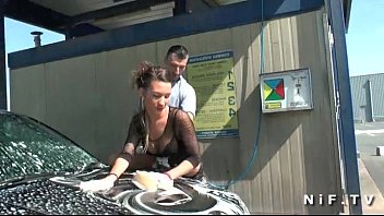 Beautiful French Brunette In Fishnet Anal Fucked Outdoor At The Carwash
