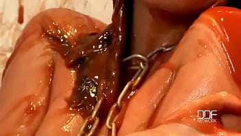 Chained Babe Peeing _ Bathing In Red Juice