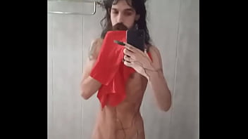 Femenine Long Bearded Crossdresser Teasing In Mirror