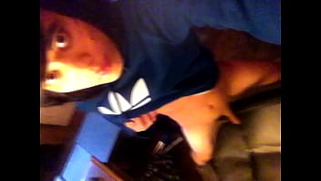 Teen Twink With Cute Face, Emo Haircut, Wearing Blue Adidas Trefoil Hoodie, Rubs His Tiny Smooth Dick On The Chair