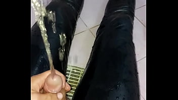 Piss In Leather Leggings And Play With Plug
