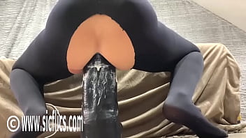 Slamming Her Ass On A Giant Dildo