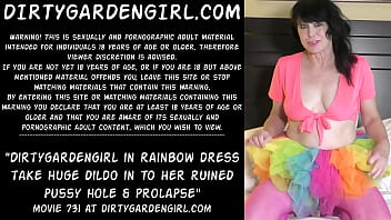 Dirtygardengirl In Rainbow Dress Take Huge Dildo In To Her Ruined Pussy Hole _ Prolapse