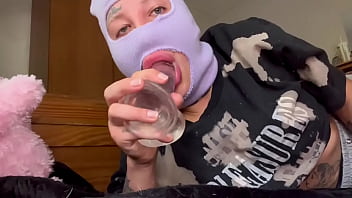 Freaky Curly Haired Sucks Dildo Like A Dick In A Ski Mask