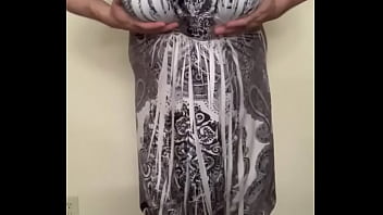 Man In Female Dress, Strips To Black Bra And Panties, Jerks Off To Huge Tits Woman Riding Giant Cock, The Cums Inside His Panties