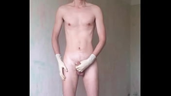 Man Wanks In Medical Gloves And Cum