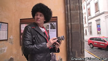 Hairy Brunette Granny Takes Two Cocks