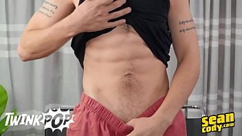 Horny Willy Lies Back On The Couch And Strokes His Cock Until He Cums On His Belly - Twinkpop